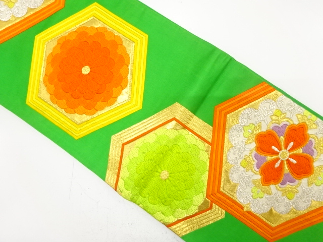 JAPANESE KIMONO / ANTIQUE FUKURO OBI / SILK / WOVEN KIKU & FLORAL CREST